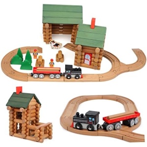 Wondertoys 128PCS Wooden Train Set with Log Cabin, Toddler Building Blocks Real Wood Logs Buildable Train Track-Construction Toy Gift for Kids