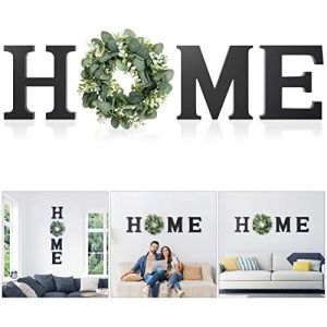 Wood Home Sign for Wall Decor Wooden Home Letters with Wreath Artificial Eucalyptus Modern Decorative Hanging Home Letters Decor Farmhouse Home Sign for Living Room Kitchen Christmas Housewarming Gift