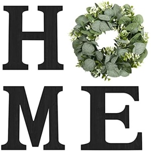 Wood Home Sign with Artificial Eucalyptus Wreath for O, Hanging Farmhouse Wall House Decor - Wood Home Letters for Wall Art Rustic Home Decor, Home Wall Decor for Living Room Kitchen Entryway Dining Room Hallway Housewarming Gift (Black)