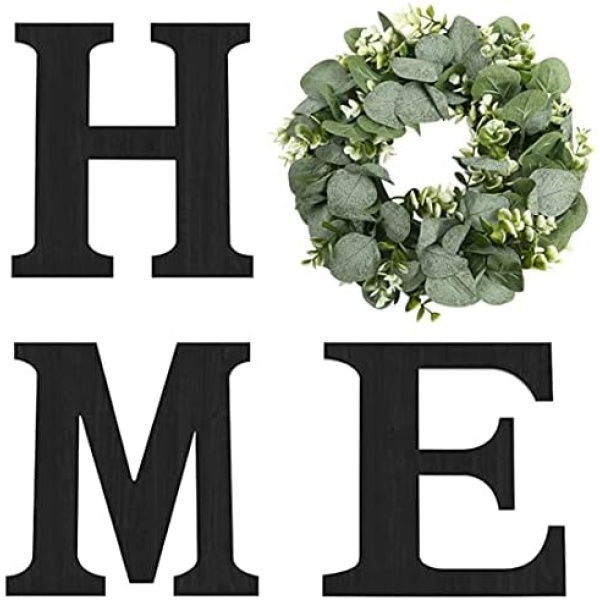 Wood Home Sign with Artificial Eucalyptus Wreath for O, Hanging Farmhouse Wall House Decor - Wood Home Letters for Wall Art Rustic Home Decor, Home Wall Decor for Living Room Kitchen Entryway Dining Room Hallway Housewarming Gift (Black)