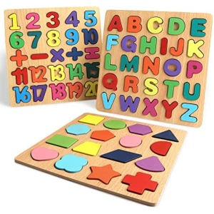 Wooden Puzzles for Toddlers, Wooden ABC Alphabet Number Shape Puzzles Toddler Learning Puzzle Toys for Kids Boys and Girls 2-4 Years Old, 3 in 1 Puzzles Educational Blocks Board Toys Ages 1-3