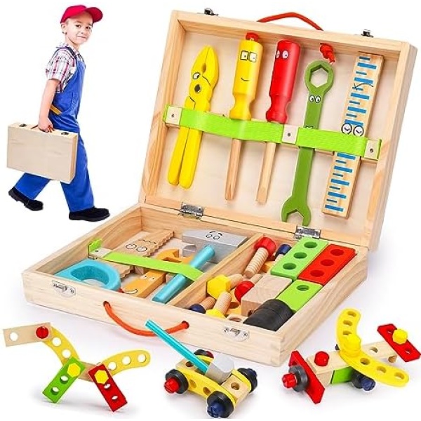 Wooden Tool Set for 2 3 4 5 6 Year Old Boy Girl 35 Pcs Montessori Tool Kit Box Toys Toddler Age 1-3 3-5 Educational STEM Autism Building Construction Creative Learning Game Kids Birthday Gifts Present