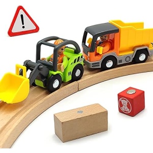 Wooden Train Cars Track Accessories Set Digger and Dump Truck Small Vehicles Magnetic Train Cars Fit for Wooden Train Track Railway for Boys and Girls (Construction Set)