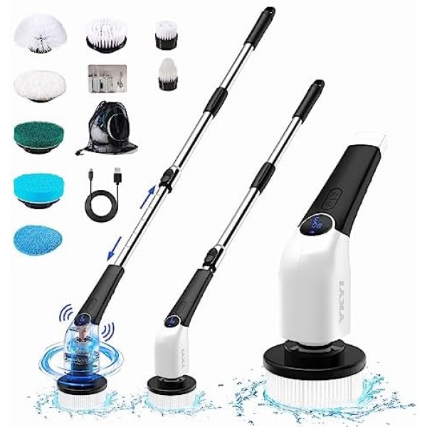 YKYI Electric Spin Scrubber,Cordless Cleaning Brush,Shower Cleaning Brush with 8 Replaceable Brush Heads, Power Scrubber 3 Adjustable Speeds,Adjustable & Detachable Long Handle,Voice Broadcast