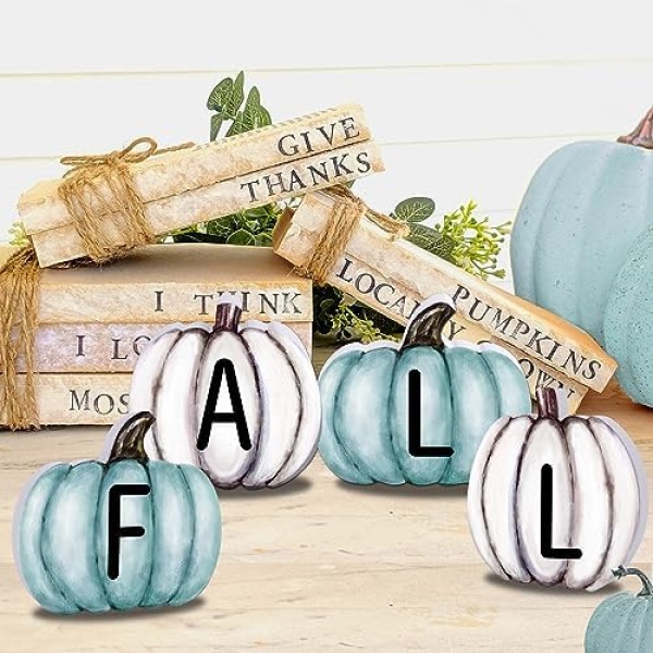 YUJUN 4 Pieces Fall Pumpkin Wooden Signs Decoration,Blue Autumn Tiered Tray Pumpkin Tabletop Decor for Thanksgiving Fall Home Kitchen Harvest Party Decor Supplies