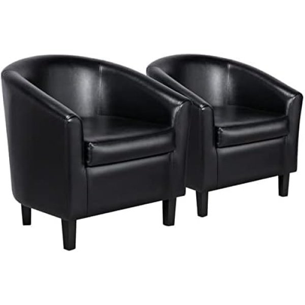 Yaheetech Accent Chair, Faux Leather Armchairs Comfy Barrel Chairs Modern Club Chair with Soft Seat for Living Room Bedroom Reading Room Waiting Room, Black, Set of 2