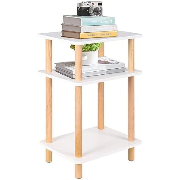 Yawinhe Side Table 3-Tier end Table,15.7x11.8x27.6in Nightstand with Storage Shelf,Modern Wooden Side Table Bedside Table,Suitable for Living Room, Bedroom,Easy to Assemble,(White+Natural)