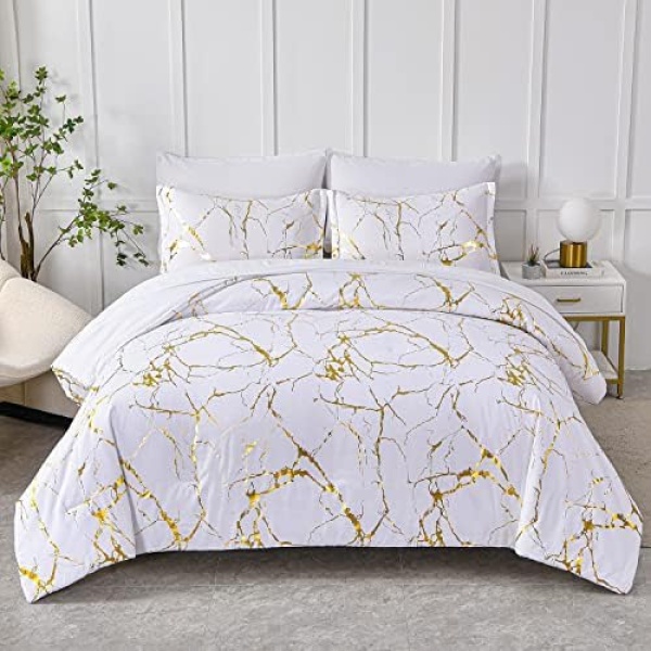 Yogeneg Gold Metallic Marble Comforter Set Queen Size,7 Piece Bed in a Bag,Foil Print Glitter White Comforter and Sheet Set,All Season Soft Microfiber Complete Bedding Sets(White,Queen)