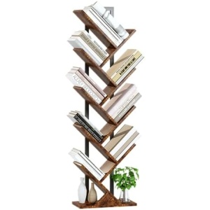 Yusong Tree Bookshelf, Geometric Bookcase with Steel Pipe for Living Room Bedroom, Floor Standing Shelves for Home Office (Rustic Brown, 9 Tier)