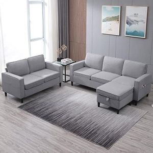 ZAFLY Convertible Sectional Sofa Couches,3 Pcs Couches Set with Storage Ottoman for Living Room,Modular L Shape Sofa and Loveseat Sets Including 3 Seat Sofa,Ottoman and Loveseat,Light Grey