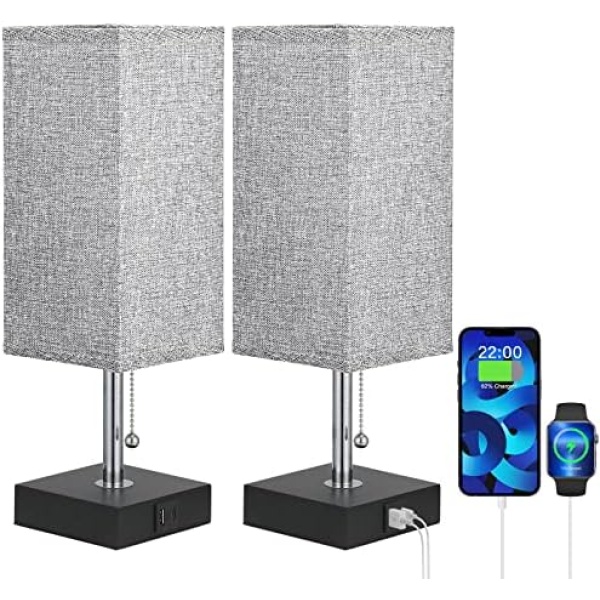 aooshine Bedside Lamps for Bedrooms Set of 2 - Table Lamps for Nightstand with USB Ports, Small Night Stand Light Lamp with Grey Fabric Shade for End Table Living Room Home Office (2 Pack)
