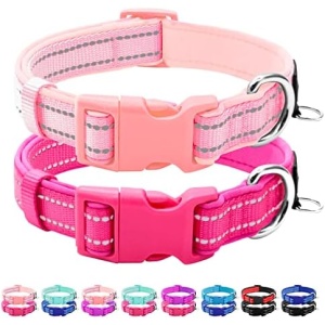 azuza 2 Pack Reflective Soft Neoprene Padded Dog Collars, Adjustable Pet Collar with ID Tag Ring, Safe and Comfy for Small Dogs,Hot Pink/Pink,S