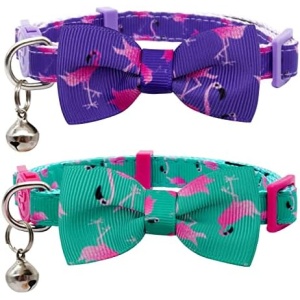 azuza Breakaway Cat Collar with Bell, 2 Pack Safety Buckle Cat Collars with Cute Bowtie, Flamingo Pattern, Adjustable from 8"-12"