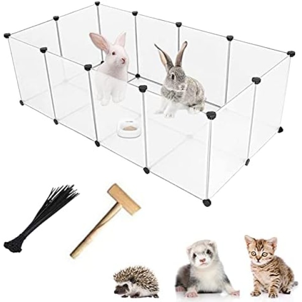 kathson Plastic Small Pet Playpen,Portable Bunny Pen,13.8" X 13.8" Rabbit Cage DIY Metal Enclosure Yard Outdoor & Indoor Fence for Cat Guinea Pig Hedgehogs Kitten Rat(12 Panels)