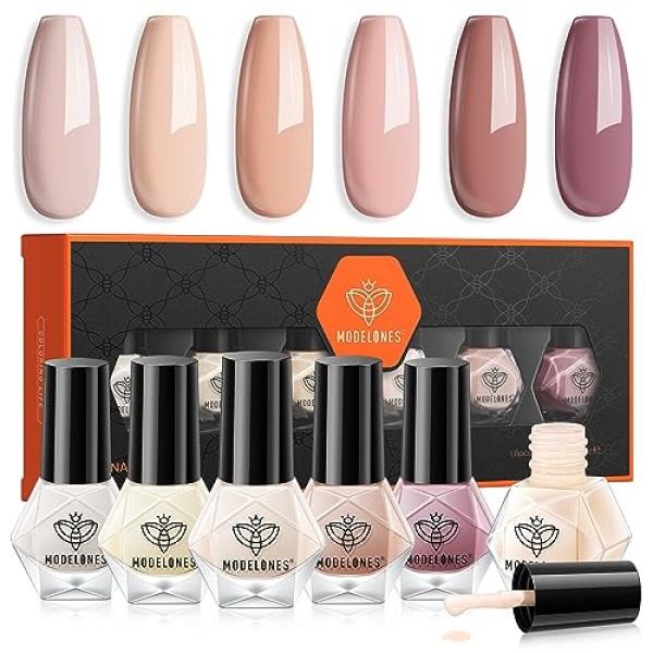 modelones Nail Polish Set 6 Colors Nude Pink Skin Tones Neutral Brown Nail Polish Kit Quick Dry Nail Polish All Seasons Neutral Brown Manicure DIY Nail Art Salon Home Gift for Women Girl