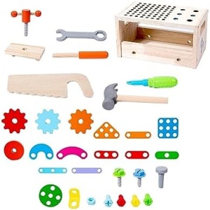 predolo Wooden Tool Set with Box, Tools Set Nut Screw Assembly Building Construction Sets Toys Montessori Disassembly Set for Kids Gifts