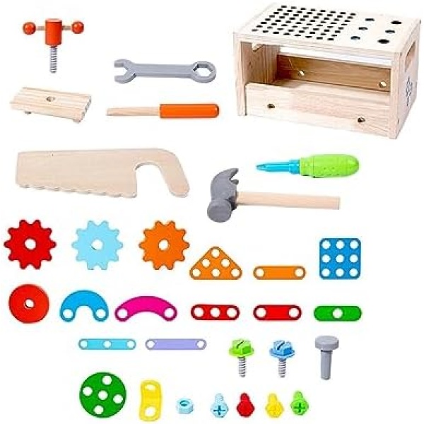 predolo Wooden Tool Set with Box, Tools Set Nut Screw Assembly Building Construction Sets Toys Montessori Disassembly Set for Kids Gifts