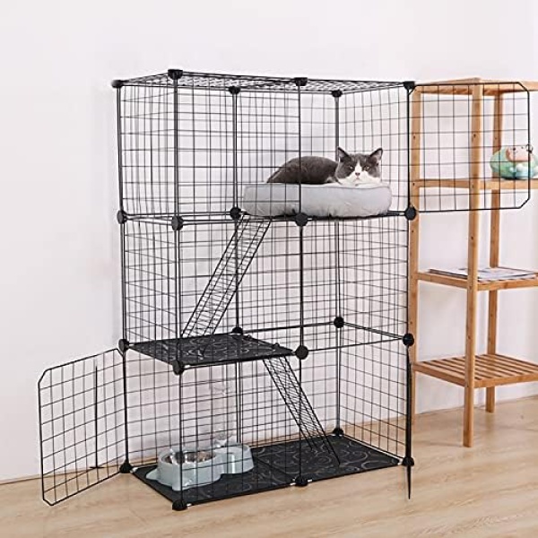tonchean Cat Cage Pet Playpen Cat Crate Kennels Large 3-Tier 42.9in Height Kitten House Furniture Metal Wire Small Animal Cage Pet Enclosure w/3 Front Doors 2 Ladders 2 Platforms Bed