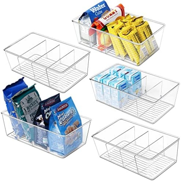 wilfox Pantry Organizer, 5 Pack Clear Organizer Bins with Removable Dividers, Pantry Organization and Storage, Fridge Organizer and Cabinet Organizer for Snack, Pouches, Spice Packets